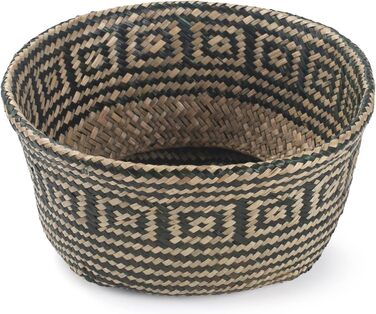 Кошик для рослин з морської трави, квітковий горщик, великий натуральний плетений кошик для білизни з ручкою для зберігання рослинних іграшок (чорна смужка), 32 x 28 см, чорна смужка