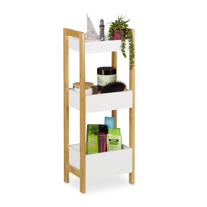 Полиця для ванної кімнати Relaxdays з 3 кошиками, окремостояча полиця з бамбука та МДФ, ВxШxГ 74,5 x 28 x 20 см, кухонна полиця, натуральний/білий колір, інженерна деревина