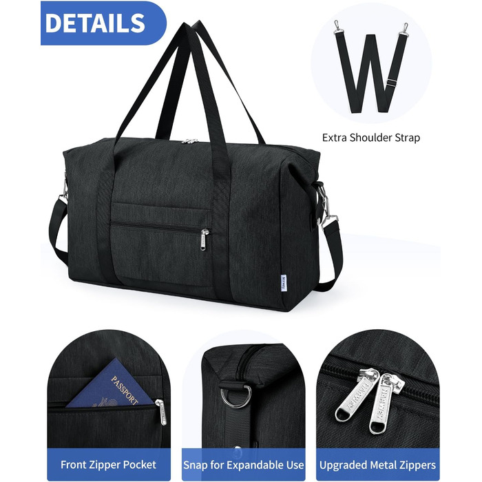 Складана дорожня сумка Narwey, ручна поклажа, сумка для вихідних для жінок та чоловіків, ручна поклажа Easyjet 45x36x20 см, мала дорожня сумка, ручна поклажа, ручна поклажа для літака, спортивна сумка 25 л (чорна) A-black 44 x 30 x 19 см