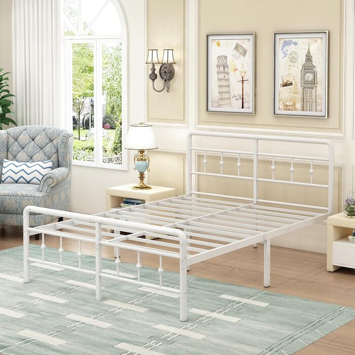 Металеве ліжко EMODA 140 x 200 см з узголів&39ям та узніжжям, каркас ліжка заввишки 46 см, міцний каркас ліжка, легке складання, безшумне, біле DE 140 x 200 см Біле