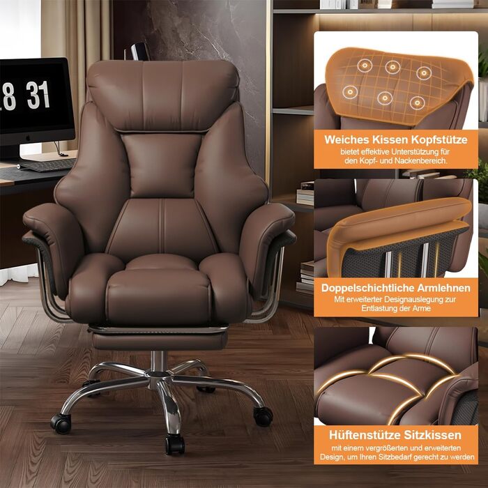 Офісне крісло з підставкою для ніг та поперековою опорою Ергономічне ігрове крісло з регульованим по висоті підголівником та регульованою спинкою, обертове крісло з високою спинкою зі штучної шкіри для домашнього офісу (коричневе)