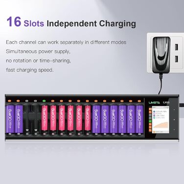 Зарядний пристрій LIMETA для батарейок типу АА та ААА, універсальний зарядний пристрій на 16 слотів з РК-дисплеєм/функцією розряду та аналізу, швидкий зарядний пристрій Ni-MH для акумуляторних батарей типу AA/AAA, Ni-MH, Ni-CD, Eneloop R16