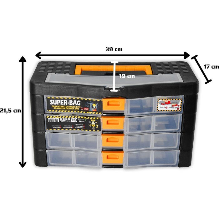 Кейс для інструментів, органайзер для дрібних деталей, 4 шухляди, 390x190x215 мм, ящик для сортування, 21 регульоване внутрішнє відділення, ящик для асортименту, що штабелюється, ящик для інструментів, ящик для зберігання, магазин для дрібних деталей, маг