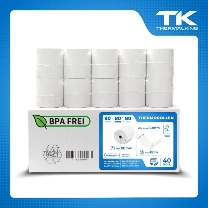 Термопапір THERMALKING у рулонах 80 мм x 80 мм x 12 мм для чекових принтерів, таких як Epson, IBM тощо - Рулони чеків 80x80x12 Термопапір - Рулони касового апарату Термопапір - Підходить для систем друку з вимогами до паперу до 80 м (40 шт.) 80 мм - Ø80 м