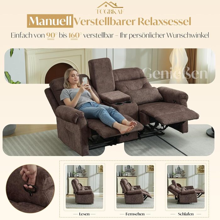 Крісло для кінотеатру, 2-місний диван з консоллю, двомісне крісло для телевізора, крісло-реклайнер з функцією відкидання, 2-місне крісло для кінотеатру, крісло-реклайнер, регульоване, 2-місний диван, крісло для телевізора, вітальня з підсклянником, коричн