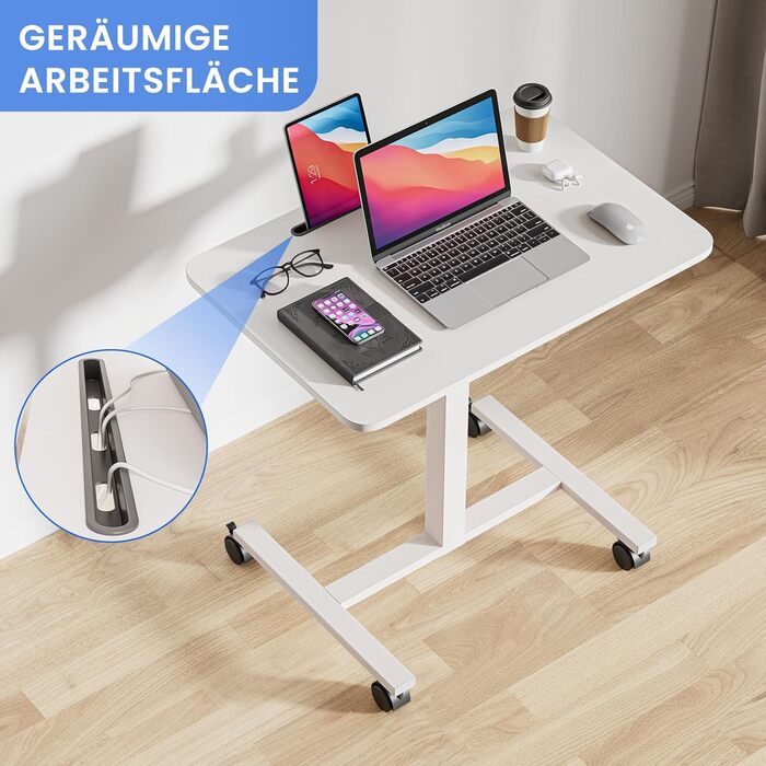 Комп&39ютерний стіл Dripex з регульованою висотою та коліщатками, невеликий стіл, мобільний стіл для роботи стоячи, тумбочка біля ліжка, бічний столик для вітальні, комп&39ютерний стіл для роботи сидячи та стоячи, білий, 48 x 72 x 112 см