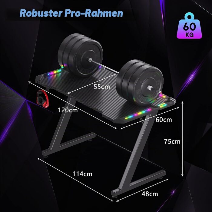 Ігровий стіл Homall 140 x 60 см з RGB LED-підсвіткою та підстаканником, чорний