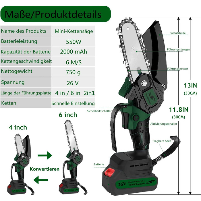 Міні-бензопила з акумулятором, 6 дюймів і 4 дюйми, комплект бензопили 2-в-1 з безщітковим двигуном і суперпотужністю, електрична пила для обрізання гілок, садових дерев, (2 акумулятора, 2 ланцюга)