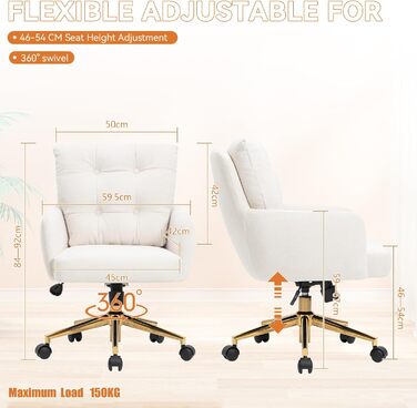 Офісне крісло з м&39якої оксамитової тканини, обертове на 360 крісло з колесами, крісло з регульованою висотою з металевими ніжками та подушкою, бежеве офісне крісло