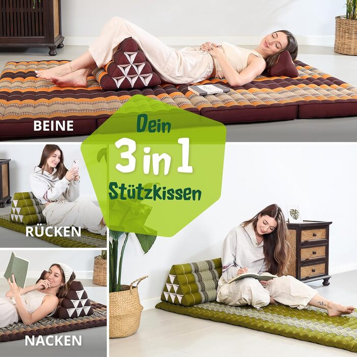 Візерунчаста подушка для спини livasia - 30x50x30 см - Трикутна подушка для саду, клиноподібна подушка з капоком, веганська та ручної роботи, подушка для медитації (зелена)