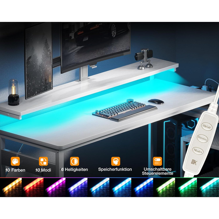 Г-подібний письмовий стіл ODK з шухлядами, кутовий стіл 174x100 см, білий з перевернутою полицею, ігровий стіл зі світлодіодним підсвічуванням та підставкою для монітора, комп&39ютерний стіл, офісний стіл для кабінету або спальні, 174x100 см, білий