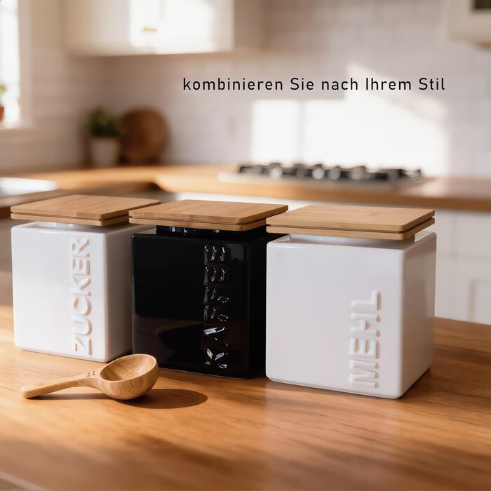 Герметичний контейнер для зберігання борошна 1 кг - Керамічний контейнер для борошна, включаючи бамбукову мірну ложку - Бамбукова кришка для тривалого зберігання - Квадратний та компактний, що штабелюється, колір борошна білий