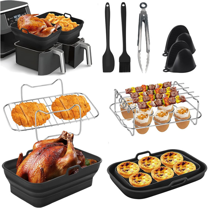 Аксесуари для вкладиша аерофритюрниці силіконові двозонні складні 8 шт. включаючи рамку, рукавички, шпателі, щітку для Ninja AF400UK & Tower T17088 Сумісний з духовкою, мікрохвильовою піччю