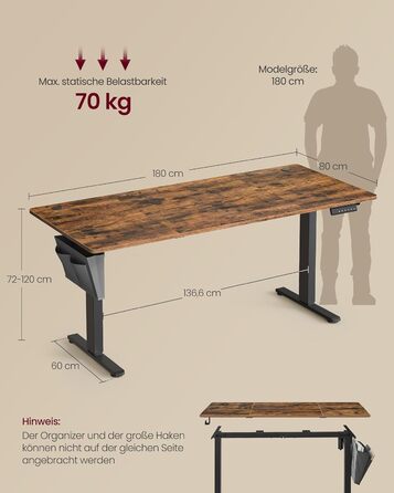 Регульований по висоті письмовий стіл SONGMICS, 180 x 80 см, вінтажний коричневий