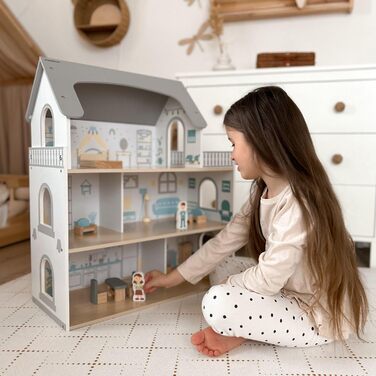 Дерев&39яний ляльковий будиночок Mamabrum, 3-поверховий, з меблями та аксесуарами - Перевірений на безпеку дитячий ігровий будиночок для рольових ігор - Ляльковий будиночок зі спальнею, вітальнею, кухнею та ванною кімнатою, сучасний мінімалістичний