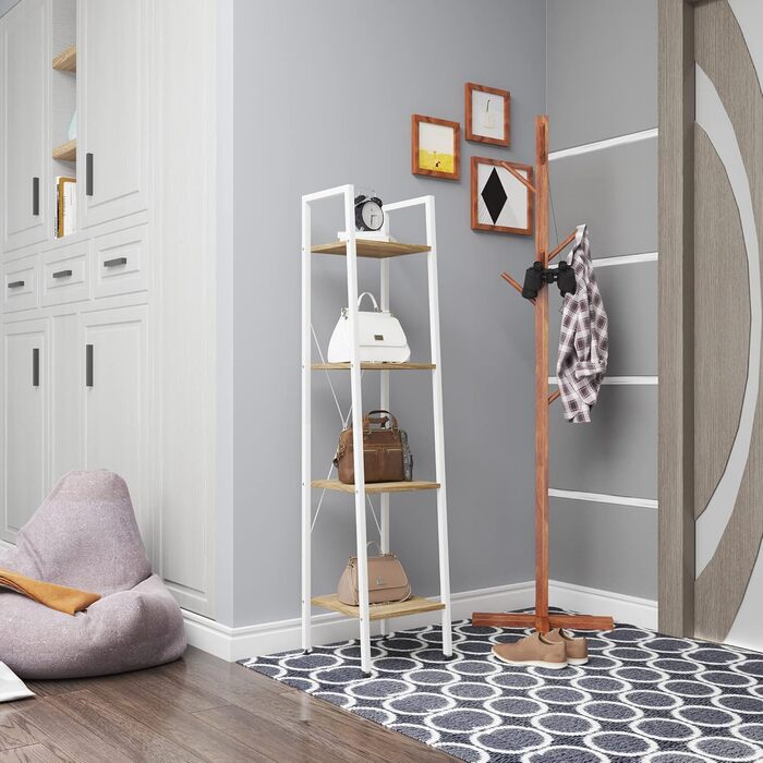 Окремостояча полиця WOLTU, полиця для ванної кімнати, книжкова полиця, кухонна полиця, полиця для взуття з дерева та сталі, з 4 полицями, приблизно 34 x 35 x 148 см, білий світлий дуб RGB9284whe 34 x 35 x 148 см білий дерево