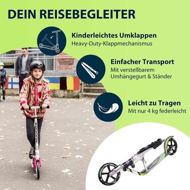 Самокат HUDORA BigWheel 205 стабільний алюмінієвий міський самокат, складаний, з регулюванням висоти та підніжкою, для дітей та дорослих (до 100 кг), сіро-зелений
