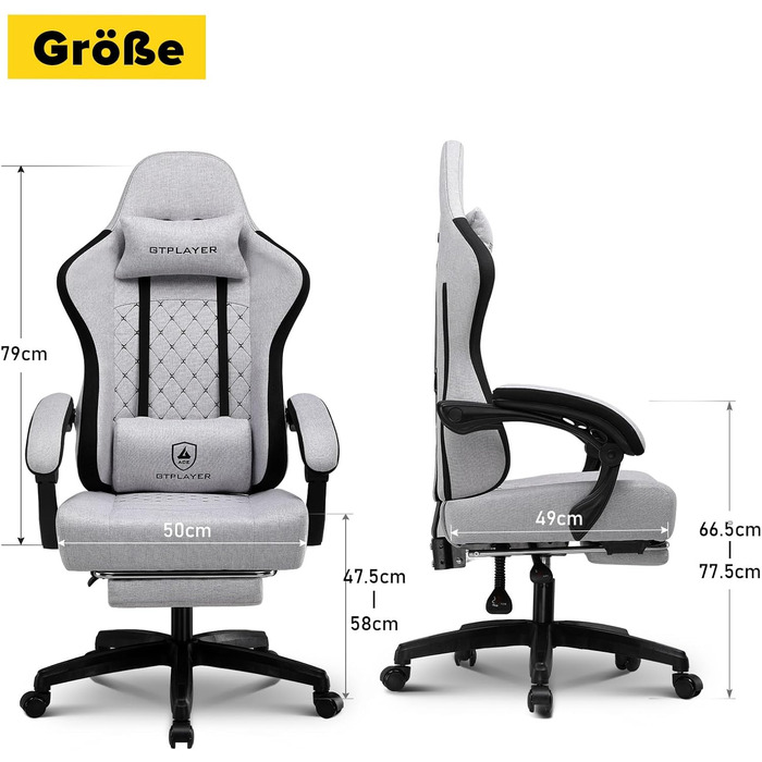 Ігрове крісло GTPLAYER Ергономічне ігрове крісло з тканинною поверхнею, пружинною подушкою сидіння, з&39єднувальними підлокітниками та підставкою для ніг 150 кг, біло-сіре