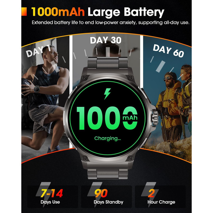Чоловічий військовий смарт-годинник з великим HD-дисплеєм 1,92 дюйма, акумулятором 1000 мАг, фітнес-годинник з понад 120 спортивними режимами, водонепроникністю 5 атм, функцією телефону, пульсометром, монітором сну, спортивним годинником для iOS та Androi