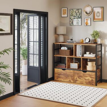 Книжкова полиця Dripex з 2 шухлядами, книжкова шафа з 7 відділеннями з дерева та металевого каркасу, окремостояча кубічна полиця для спальні, вітальні, кабінету, офісу, 33 x 100 x 90 см, промисловий дизайн, ретро