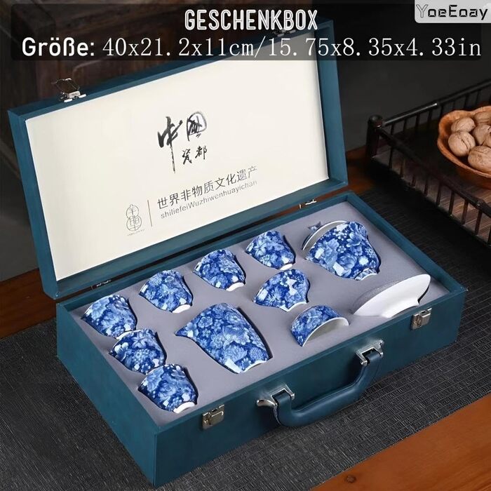 Преміальний синьо-білий порцеляновий чайний набір, 11-предметний вінтажний китайський керамічний чайний сервіз, портативний дорожній чайний набір кунг-фу, подарункова упаковка у валізу - ідеально підходить для любителів чаю