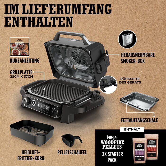Електричне барбекю Ninja Woodfire, кемпінговий барбекю з коптильнею та фритюрницею, барбекю 7 в 1 на відкритому повітрі, копчення,