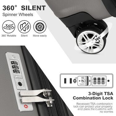 Валіза KONO, ручна поклажа, легка тверда оболонка, з замком TSA та подвійними обертовими колесами для подорожей та бізнесу, 55x35x22 см, сіро-сіра M (55 x 35 x 22 см)