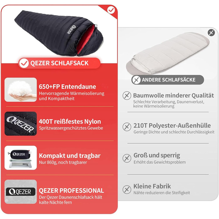 Пуховий спальний мішок, зимовий спальний мішок, наповнений качиним пухом щільністю 650. Сертифіковано RDS. Підходить для температур від 8C до -30C, ідеально підходить для кемпінгу та альпінізму. Чорний 8C