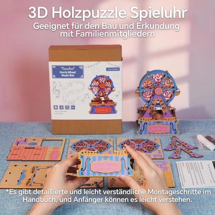 Музична скринька Tonecheer Дерев'яний 3D-пазл, набір моделей для сім'ї котів своїми руками для дорослих, обертова музична шкатулка, дерев'яна головоломка Подарунки для прикраси будинку Подарунок на день народження Різдвяні підлітки (колесо огляду)