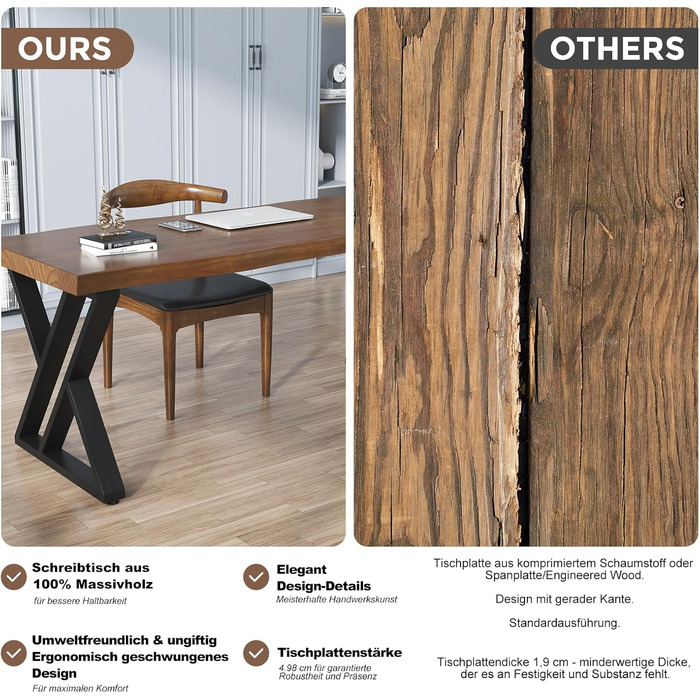 Письмовий стіл з масиву дерева 140 x 70 см, стіл для домашнього офісу з товстою стільницею, робоча станція для ПК та офісні меблі, сучасний стіл з сосни, ідеально підходить для навчання, письма, їжі FS-01