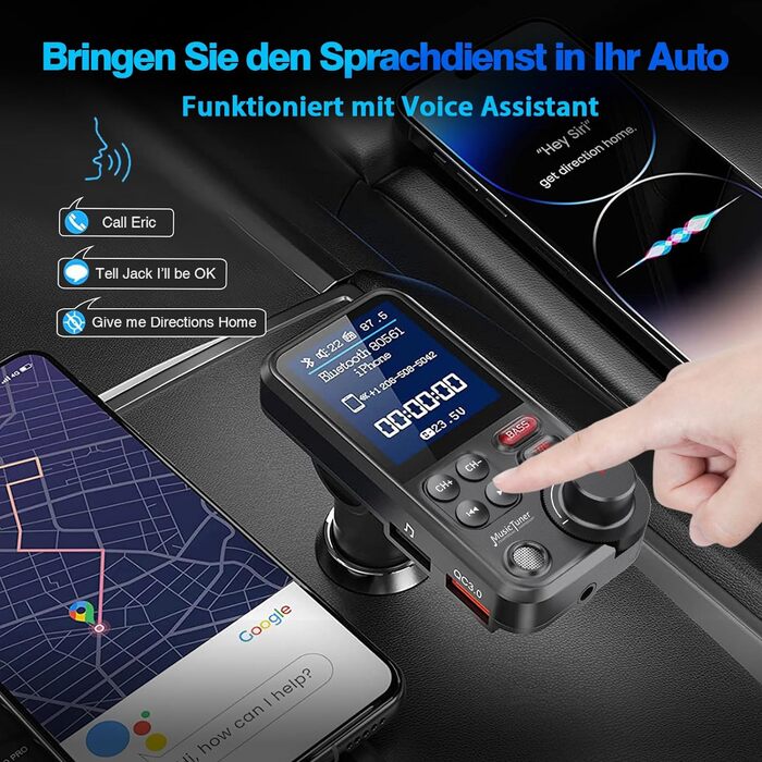 Автомобільний адаптер Bluetooth GizmoVine, FM-передавач Bloototh Handsfree для автомобільної стереосистеми, підтримка мобільного телефону без рук, швидка зарядка, музичний MP3-плеєр, SD-карта з вимикачем світла (BT93 BASS-Black)