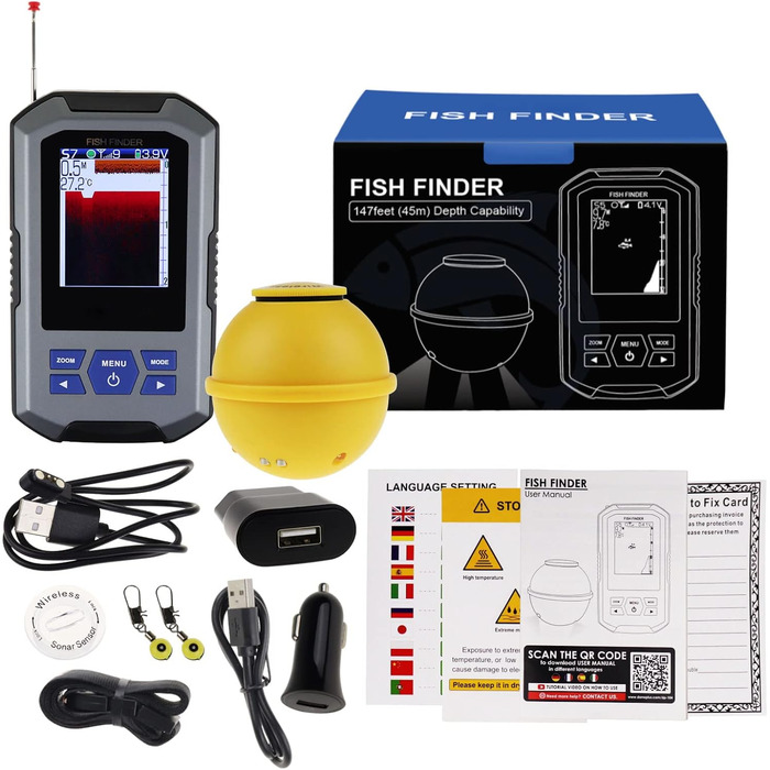 Бездротовий датчик ехолота 125 кГц, частота 45 метрів/147 футів, функція сигналізації глибини та великий РК-дисплей
