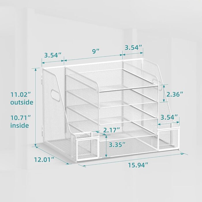 Сітчастий настільний органайзер з тримачами для файлів, 5-ярусний органайзер для лотків для паперу та листів з тримачами для журналів, настільний органайзер та місце для зберігання з шухлядою для офісного приладдя вдома чи в школі, білий