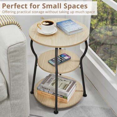 Круглий журнальний столик, 3-ярусний вінтажний журнальний столик, невеликий з міцним металевим каркасом, тумбочка біля ліжка, невеликий круглий диванний столик для вітальні, спальні, балкону, 40 x 40 x 55 см (дуб).
