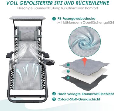 Складаний шезлонг з парасолькою, підголівником та тримачем для напоїв для саду, басейну та пляжу (сірий)