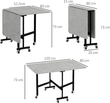 Розкладний обідній стіл, Кухонний стіл для 4-6 осіб з колесами, Сталеві ніжки, Мобільний розкладний обідній стіл для невеликих приміщень, Їдальня, Кухня, 120 x 80 x 73 см, Сірий