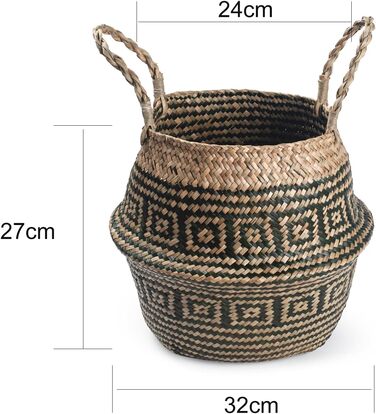 Кошик для рослин з морської трави, квітковий горщик, великий натуральний плетений кошик для білизни з ручкою для зберігання рослинних іграшок (чорна смужка), 32 x 28 см, чорна смужка