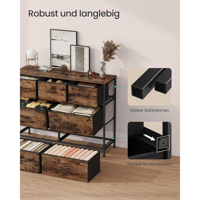 Комод SONGMICS, шафа, 7 тканинних шухляд, шафа для зберігання, сталь, МДФ, неткане полотно, для спальні, коридору, вітальні, вінтажний коричневий-чорний LGS323BH04 Вінтажний коричневий чорнильний 7 шухляд