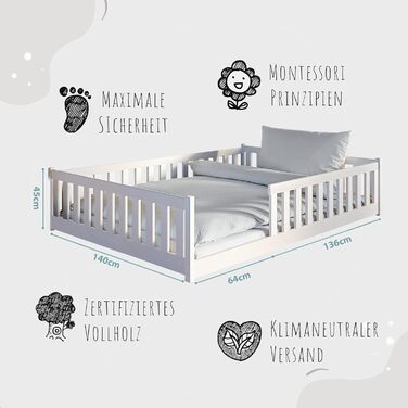 Дитяче колективне дитяче ліжко Підлогове ліжко 140x200 см із захистом від падіння та рейковим каркасом Ліжко Монтессорі Ліжко-розк