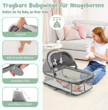 Дорожнє ліжечко 5-в-1 для немовлят з матрацом, 110 x 78 см, Ліжечко Side-by-Side з колискою та пеленальний килимок, Повний комплект дитячого ліжка для новонароджених та дітей до 36 місяців (сірий)