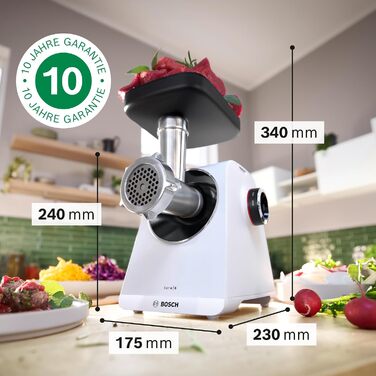 М'ясорубка Bosch MultiPower Serie 6 MFWS607W, 2 перфораційні решітки (4,5 та 8 мм), нержавіюча сталь, підходить для посудомийки, насадки для кеббе та ковбас, потужність 2100 Вт, біла