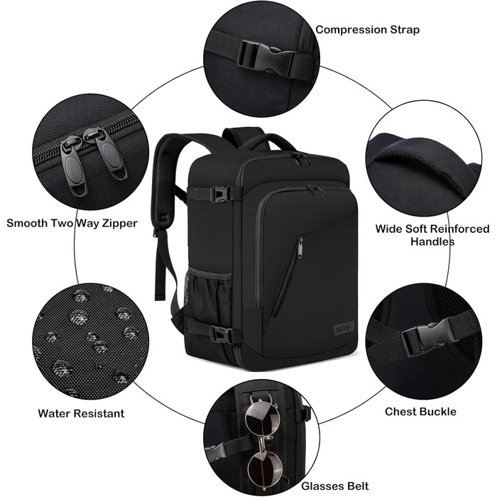 Рюкзак для ручної поклажі Ryanair 40x30x20, 40x30x25, для Eurowings, малий 24-літровий дорожній рюкзак для літака, сумка для ручної поклажі з портом зарядки USB, дорожня сумка для чоловіків і жінок, чорний, чорний 40 x 30 x 20 см - 24 л