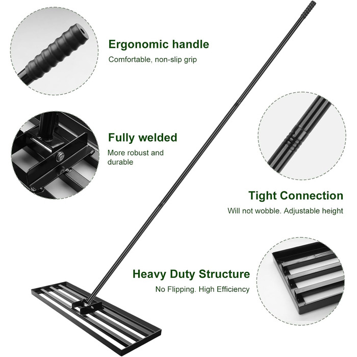 Гребінь-рівняльник для газону 75x25 см з регульованою ручкою (213 см) та антиковзким покриттям, міцний інструмент для вирівнювання газону. Ідеально підходить для саду та подвір'я, чорний колір.