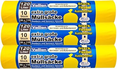 Надзвичайно великі жовті сміттєві пакети 120 літрів - Розміри 80 x 110 см - 10 пакетів у рулоні - стійкі до розривів, міцні та гнучкі - Упаковка з 3 рулонів (30 сміттєвих пакетів)