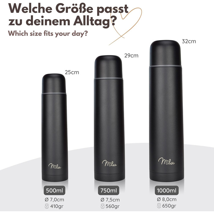 Термос Milu, ізольована пляшка, 1 л, 750 мл, 500 мл - ізольована пляшка для пиття з нержавіючої сталі, 100 герметична, з подвійною ізоляцією (чорна, 1000 мл) 1000 мл чорний