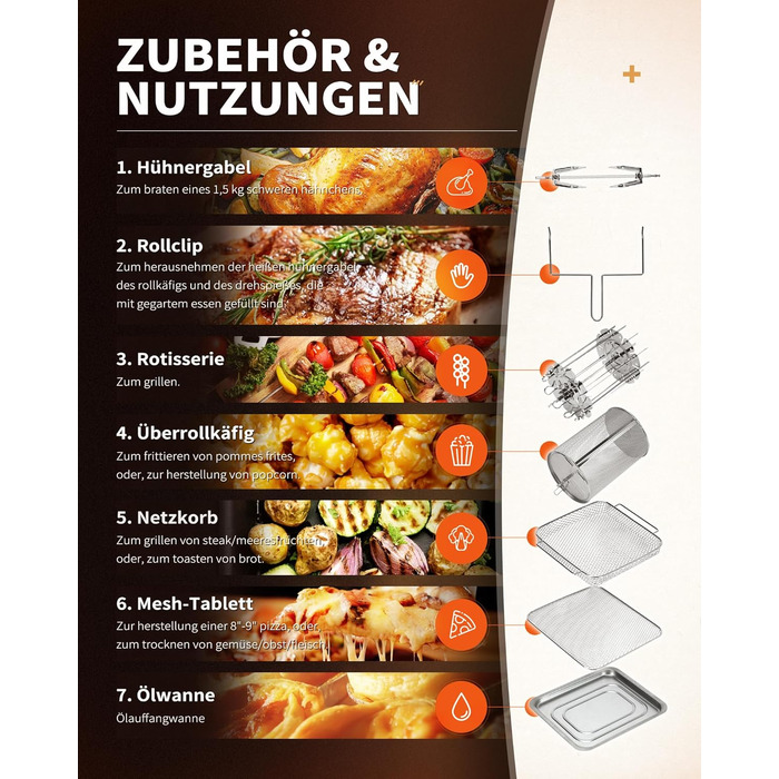 Аерофритюрниця XXL - Мультипіч ZACHVO 15L - 10 програм 1700 Вт з сенсорним LCD екраном - Фритюрниця Фритюрниця Смаження без олії, 7 аксесуарів, на 90 менше жиру - Дегідратор гриля в духовці в чорному Аерофритюрниця