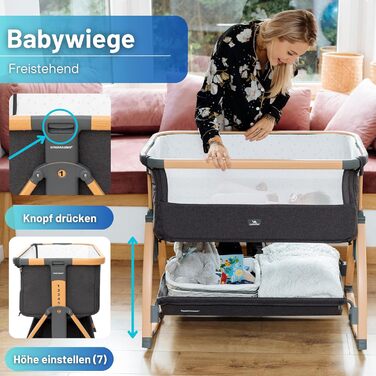 Дитяче ліжечко DROMADER 3-в-1 - Дитяче ліжечко, шезлонг, дорожнє ліжечко з матрацом, 0-6 місяців, макс. 9 кг - Колиска з 7 регулюваннями висоти, функція гойдання, дихаюча сітка - сумка для перенесення