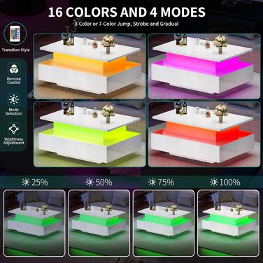 Журнальний столик з регульованою висотою, глянцевий стіл для вітальні з підйомною стільницею, сучасний журнальний столик для вітальні з 16-кольоровим світлодіодним освітленням та 2 шухлядами, білий, повний підйом