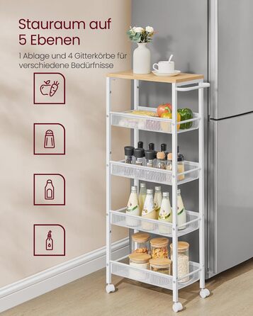 Ярусний візок на колесах, вузький кухонний візок, нішева полиця на колесах, сталь, ручка, для невеликих приміщень, 22 x 45,4 x 99,6 см, кухня, ванна кімната, вітальня, кабінет, дубово-білий LRC035W09 5 ярусів (22 x 45,4 x 99,6 см) дуб білий, 5-