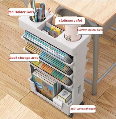 Мобільна книжкова полиця для класу біля столу, 5-ярусний візок на колесах, органайзер для столу, підставка для книг та журналів, вузький візок для зберігання речей у домашній бібліотеці